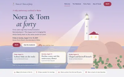 Home page of the Beacon anniversary weekend template: Nora & Tom at forty, beside a lighthouse sweeping its beam over the Maine coast