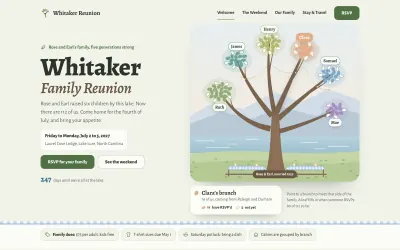 Home page of the Branches family reunion template: the Whitaker Family Reunion beside a family tree with a branch for each relative