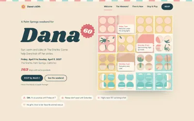 Home page of the Breeze Block milestone birthday template: Dana’s 60th in Palm Springs beside a grid of pastel breeze-block screens