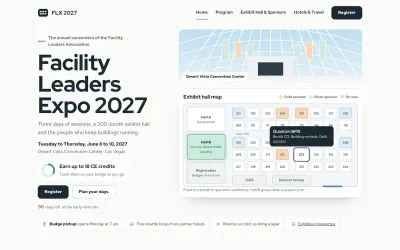Home page of the Concourse convention and expo template: Facility Leaders Expo 2027 beside the exhibit hall map with its booth numbers