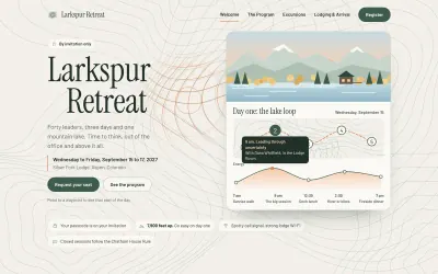 Home page of the Contour executive retreat template: Larkspur Retreat over contour lines, with a day map of the lake loop