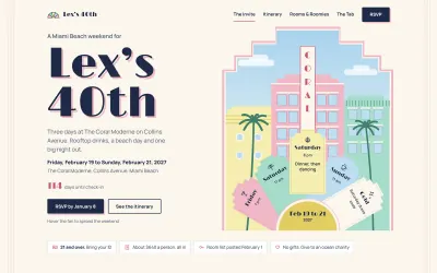 Home page of the Deco Weekend milestone birthday template: Lex’s 40th in Miami Beach beside an art deco hotel and a fan of weekend cards