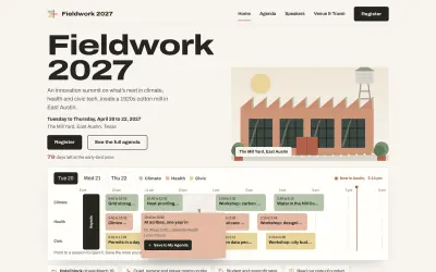 Home page of the Forum conference and summit template: Fieldwork 2027 beside an illustrated mill building, with the agenda grid below