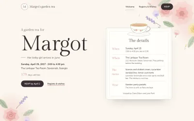 Home page of the Garden Tea baby shower template: a garden tea for Margot, with the details card under a teacup and painted flowers