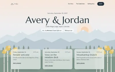 Home page of the Horizon wedding template: Avery & Jordan over illustrated Colorado mountains and aspens, with three event cards below