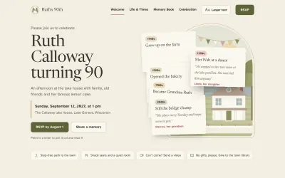 Home page of the Legacy milestone birthday template: Ruth Calloway turning 90, with a stack of letters from each decade of her life
