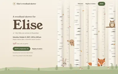 Home page of the Little Woodland baby shower template: a woodland shower for Elise among birch trees, with a deer, an owl, a rabbit and a fox
