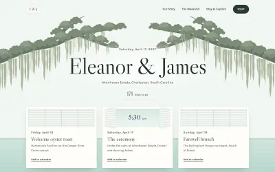 Home page of the Live Oak wedding template: Eleanor & James beneath moss-draped live oaks, with the weekend’s three events below
