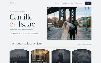 Home page of the Metropolitan wedding template: Camille & Isaac beside a photo of the couple under a city bridge, above the weekend floor by floor