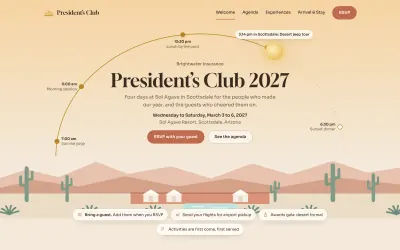 Home page of the Oasis incentive trip template: President’s Club 2027 under a sun arc over the Scottsdale desert, with the day’s plans