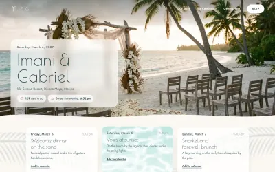 Home page of the Palm & Tide wedding template: Imani & Gabriel over a photo of a beach ceremony under palms, with three event cards below