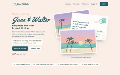 Home page of the Postmark anniversary trip template: June & Walter’s fifty years, with postcards from Maui