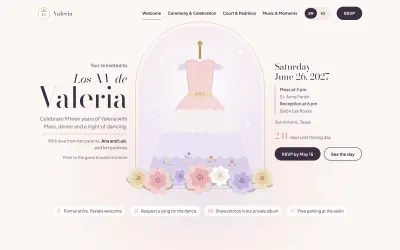 Home page of the Quince & Sixteen milestone birthday template: Los XV de Valeria, with a pink gown under a glass dome and flowers at its hem