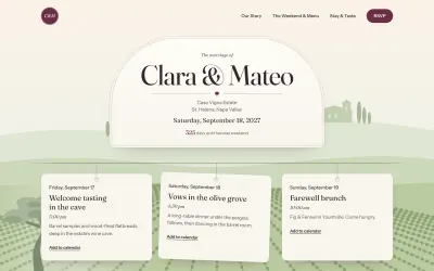 Home page of the Terroir wedding template: Clara & Mateo in an arched card over Napa Valley vineyards, with three event cards below