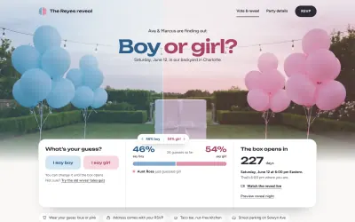 Home page of The Split gender reveal template: “Boy or girl?” between blue and pink balloons, with the guess tally and the reveal countdown