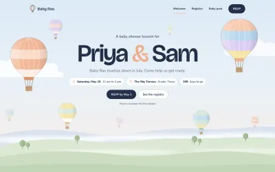 Home page of the Up & Away baby shower template: a shower brunch for Priya & Sam among pastel hot-air balloons